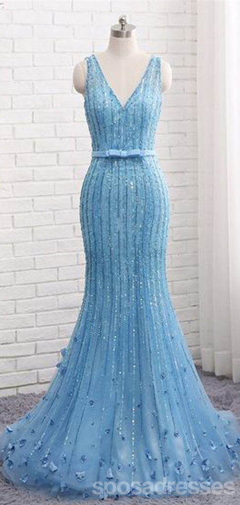 Sexy Blue Mermaid V-neck Maxi Long Prom Dresses,Evening Dresses,13117