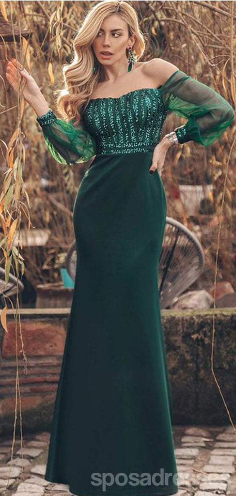 Sexy Green Mermaid Off Shoulder Long Sleeves Cheap Prom Dresses,12986