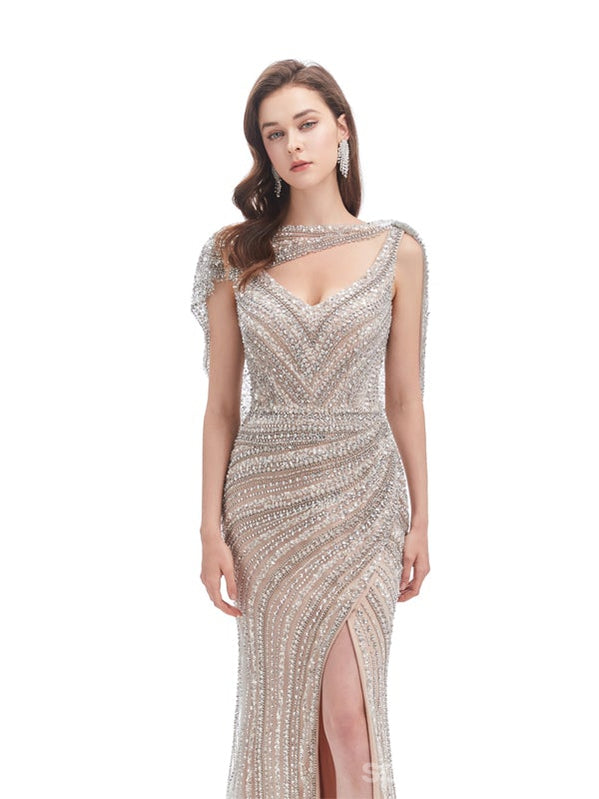 Sexy Mermaid Champagne V-neck High Slit Long Prom Dresses Online,12782