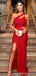 Sexy Red Mermaid One Shoulder Side Slit Cheap Long Prom Dresses,12970