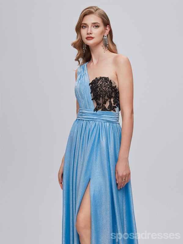 Blue One Shoulder A-line High Slit Cheap Long Prom Dresses Online,12991
