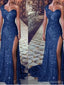 Blue Mermaid One Shoulder High Slit Cheap Long Prom Dresses,12973