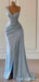 Sexy Blue Mermaid One Shoulder High Slit Cheap Long Prom Dresses,13020