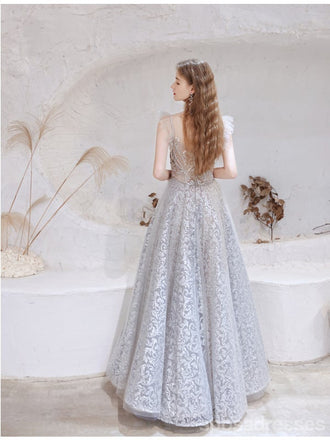 See Through Grey A-line Illusion Spaghetti Straps Long Prom Dresses Online,12755