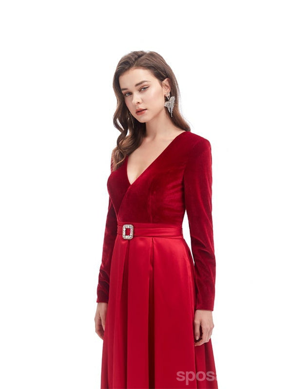 Red A-line Long Sleeves High Slit V-neck Cheap Prom Dresses Online,12770