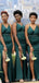 Emerald Green Mermaid V-neck High Slit Cheap Long Bridesmaid Dresses,WG1433