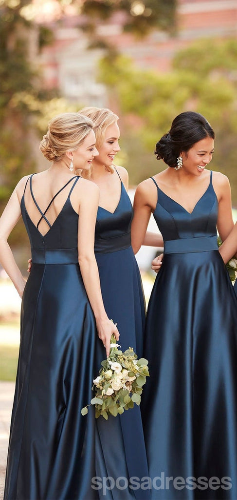 Navy Blue A-line Spaghetti Straps V-neck Cheap Long Bridesmaid Dresses Online,WG1217