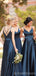 Navy Blue A-line Spaghetti Straps V-neck Cheap Long Bridesmaid Dresses Online,WG1217