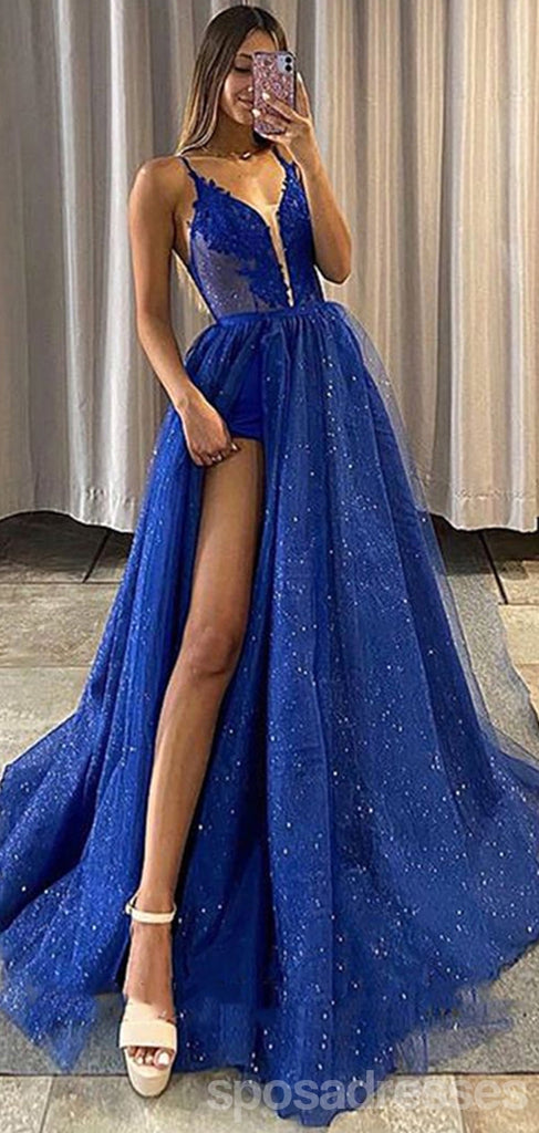 Blue A-line Spaghetti Straps High Slit Maxi Long Prom Dresses,Evening Dresses,13151