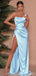 Sexy Blue Sheath One Shoulder High Slit Cheap Long Prom Dresses,13021