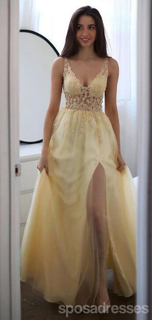 Yellow A-line V-neck High Slit Maxi Long Prom Dresses,Evening Dresses,13171