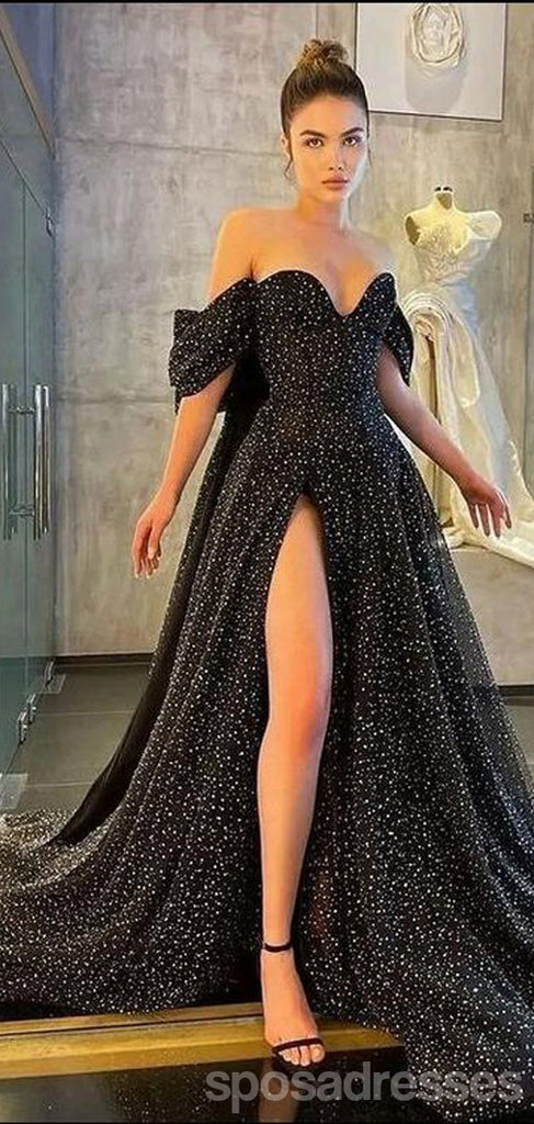 Black A-line High Slit Off Shoulder Maxi Long Prom Dresses,Evening Dresses,13203