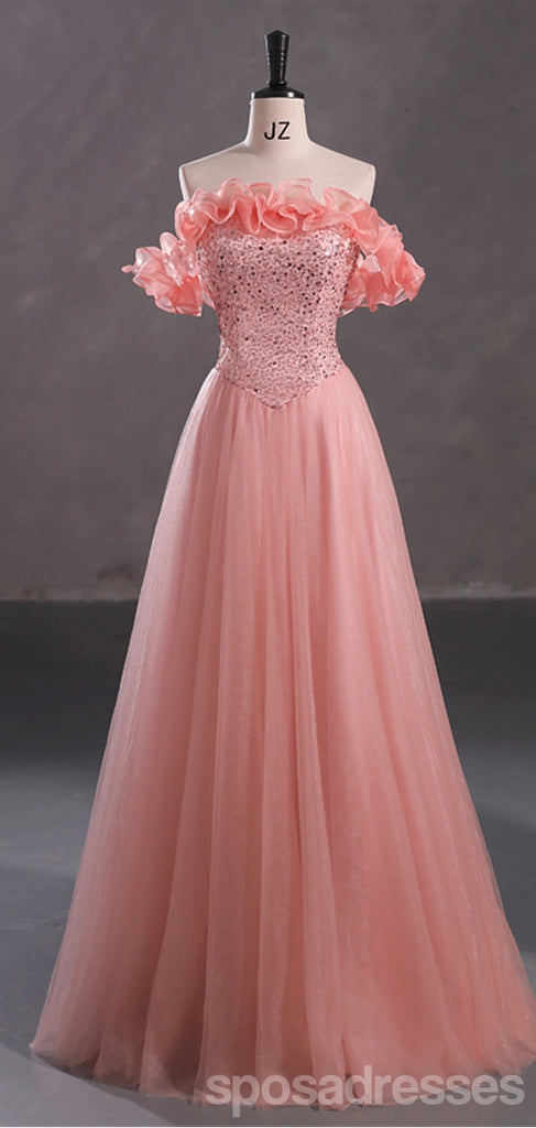 Cute Pink A-line Off Shoulder Cheap Long Prom Dresses Online,12997
