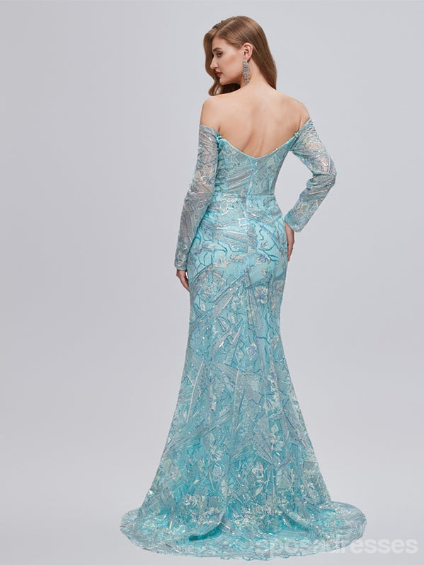 Sexy Blue Mermaid Long Sleeves Off Shoulder Cheap Prom Dresses,12988