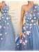Floral Blue A-line One Shoulder Cheap Long Prom Dresses Online,12794