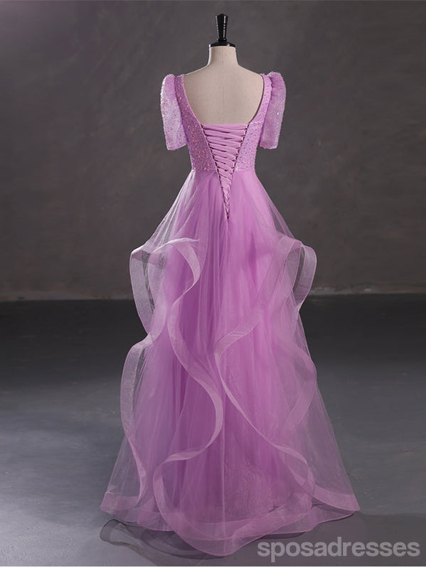 Purple A-line Short Sleeves Jewel Cheap Long Prom Dresses Online,12984