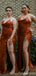 Burnt Orange Mermaid Halter High Slit Cheap Long Bridesmaid Dresses,WG1300