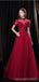 Burgundy A-line Short Sleeves Openback Long Prom Dresses Online,12767