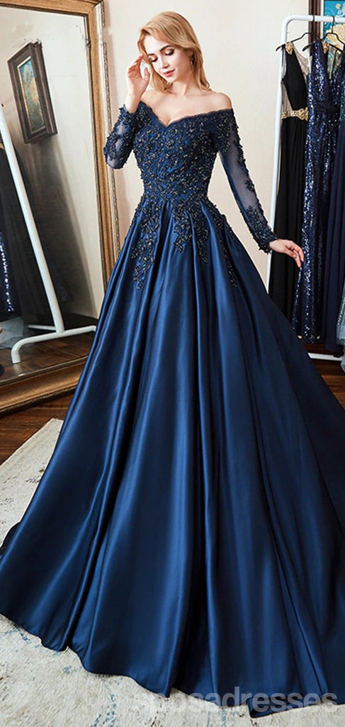 A-line Long Sleeves Blue Long Party Prom Dresses Online,Dance Dresses ...
