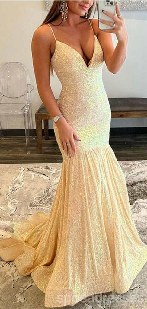 Sexy Yellow Mermaid Spaghetti Straps V-neck Maxi Long Prom Dresses Online,13237