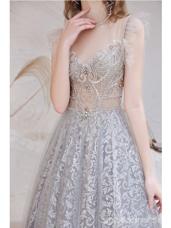 See Through Grey A-line Illusion Spaghetti Straps Long Prom Dresses Online,12755