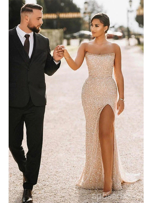 Sexy Mermaid Strapless Side Slit Maxi Long Prom Dresses Online,13247