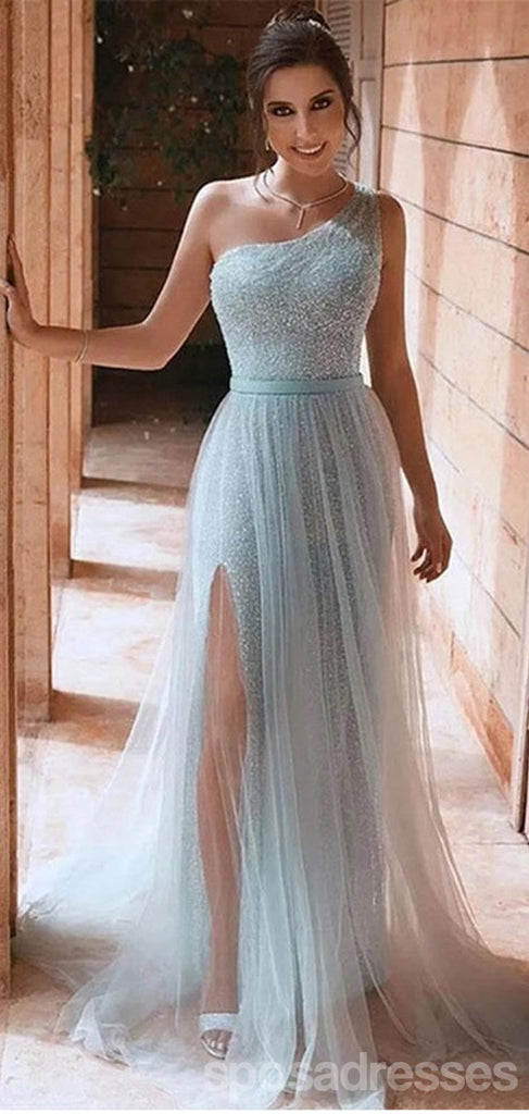 Sky Blue A-line One Shoulder High Slit Cheap Long Prom Dresses,12974