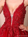 Red A-line Spaghetti Straps V-neck Long Prom Dresses Online, Dance Dresses,12571