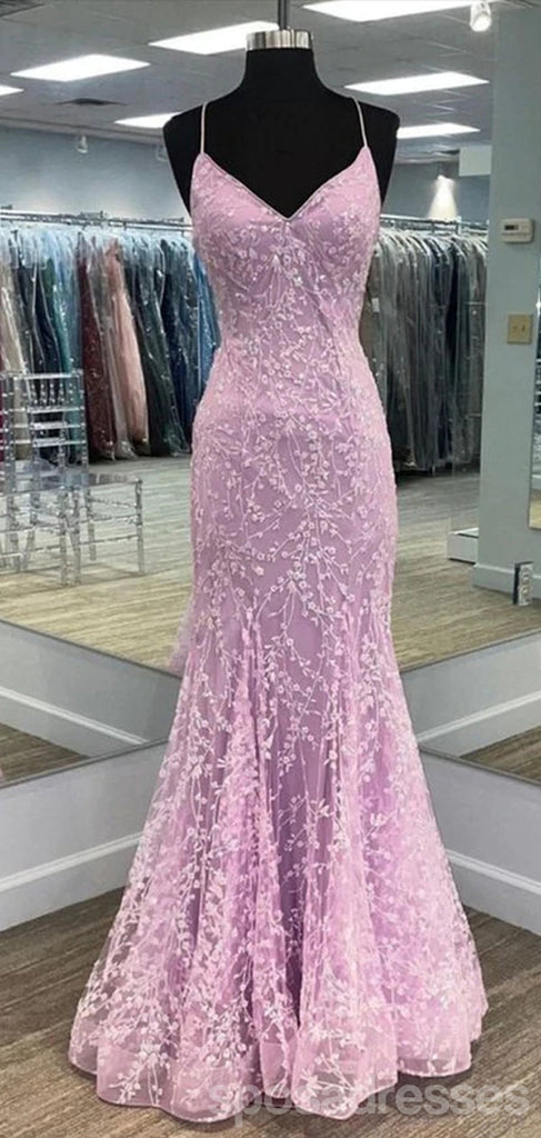 Pink Mermaid Spaghetti Straps Backless Cheap Long Prom Dresses,12842