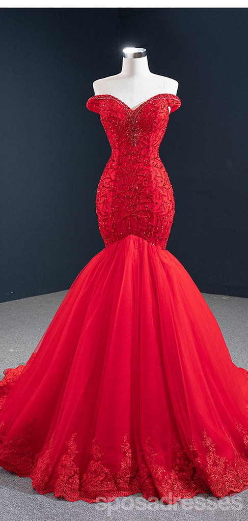 Red Mermaid V-neck Off Shoulder Long Party Prom Dresses Online,12566 ...