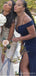 Navy Blue Mermaid Off Shoulder V-neck Cheap Long Bridesmaid Dresses,WG1327