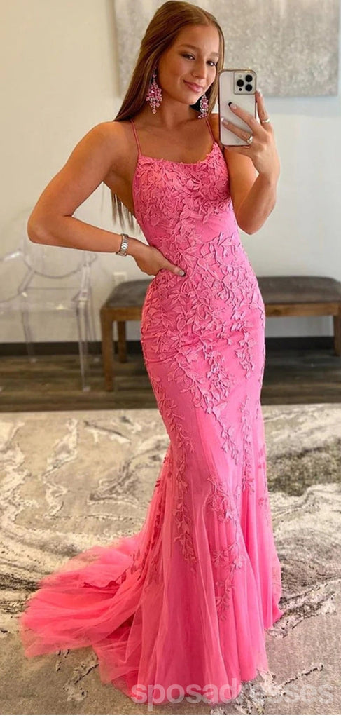 Pink Mermaid Spaghetti Straps Backless Cheap Long Prom Dresses,12903