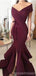 Sexy Dark Red Mermaid Off Shoulder Side Slit Cheap Long Prom Dresses,12827