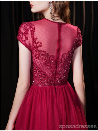 See Through Burgundy A-line Short Sleeves Long Prom Dresses Online,12766