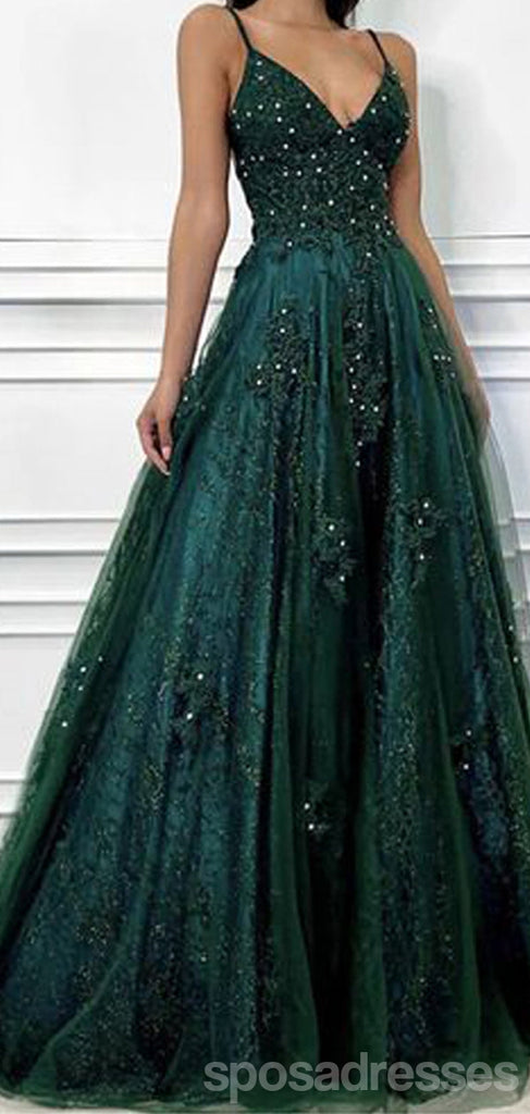 Green A-line Spaghetti Straps V-neck Maxi Long Prom Dresses,13139