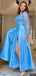 Blue A-line Long Sleeves High Slit Cheap Long Prom Dresses Online,12908