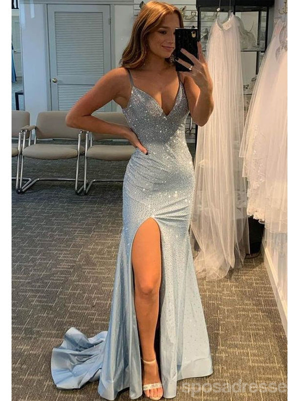 Sexy Blue Mermaid Spaghetti Straps V-neck High Slit Long Prom Dresses,13087