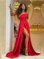 Red A-line One Shoulder High Slit Cheap Long Prom Dresses Online,12835