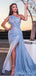 Blue Sheath One Shoulder High Slit Cheap Long Prom Dresses Online,12956