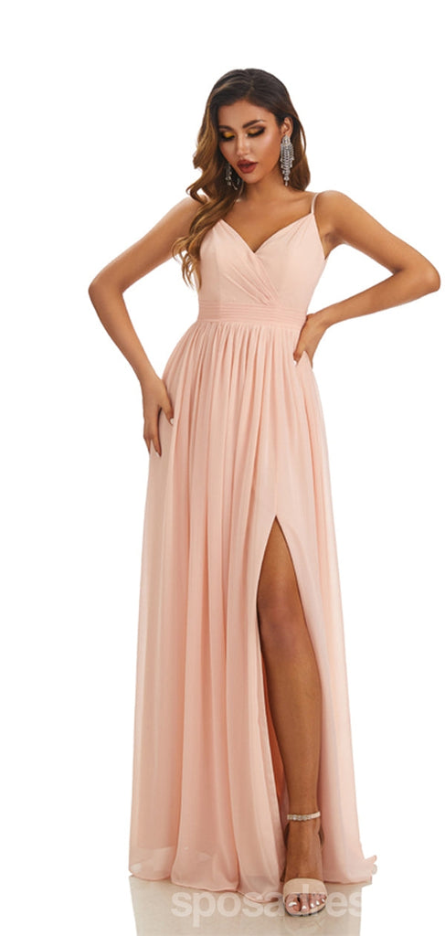 Pink A-line Spaghetti Straps V-neck Side Slit Cheap Long Bridesmaid Dresses,WG1611