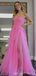 Pink A-line Spaghetti Straps High Slit Cheap Long Prom Dresses,12833