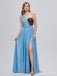 Blue One Shoulder A-line High Slit Cheap Long Prom Dresses Online,12991