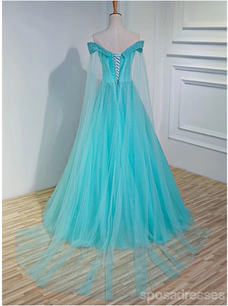 Sparkly Blue A-line Off Shoulder Long Prom Dresses Online, Dance Dresses,12710