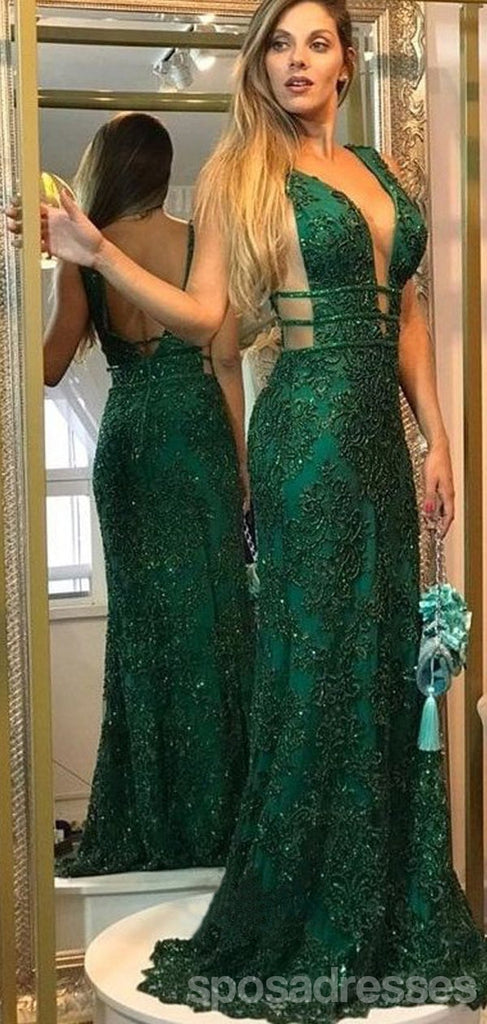 Green Mermaid Deep V-neck Backless Long Prom Dresses Online,Evening Party Dresses,12787