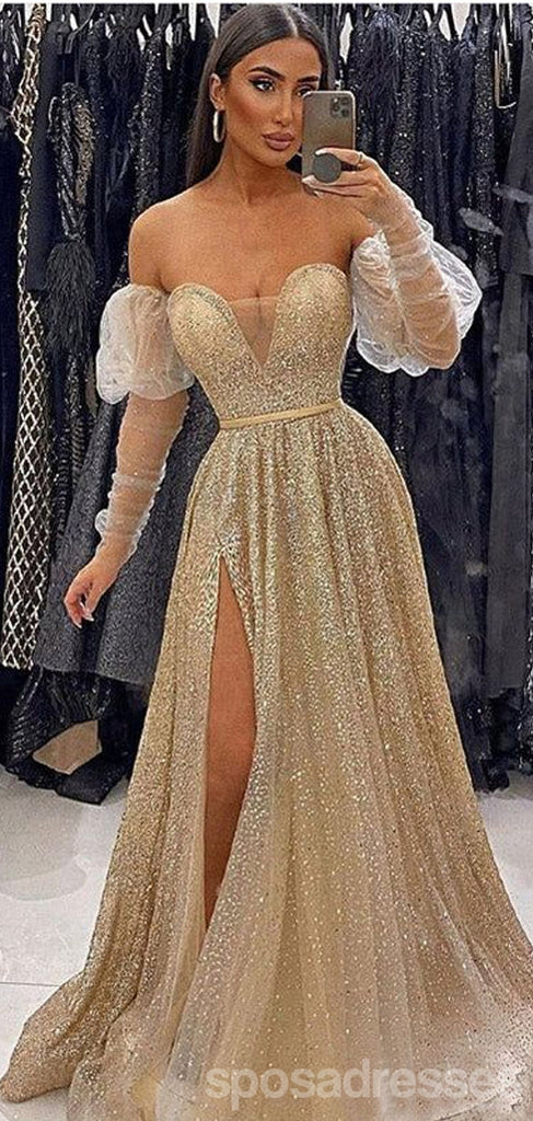 Sparkly Gold A-line High Slit Maxi Long Prom Dresses,Evening Dresses,13136