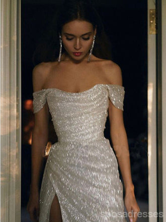 Sparkly Ivory Mermaid Off Shoulder High Slit Cheap Long Prom Dresses Online,12925