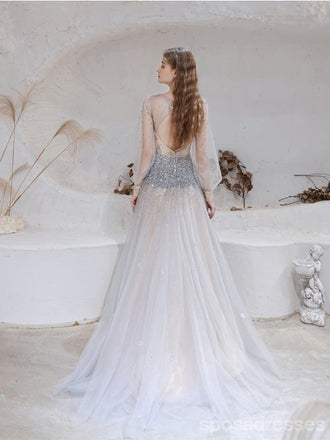 See Through A-line Long Sleeves V-neck Backless Prom Dresses Online,12760