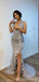 Grey Mermaid V-neck High Slit Cheap Long Prom Dresses Online,12877