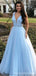 Sky Blue A-line Straps V-neck Long Prom Dresses Online, Dance Dresses,12608