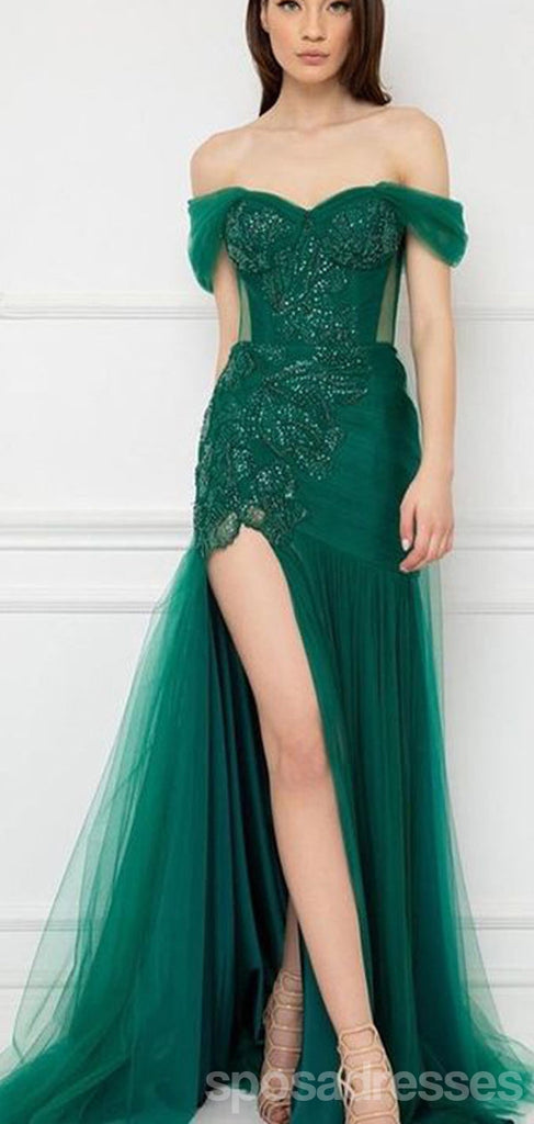 Green Sheath Off Shoulder Side Slit Long Prom Dresses,Evening Dreses,13099